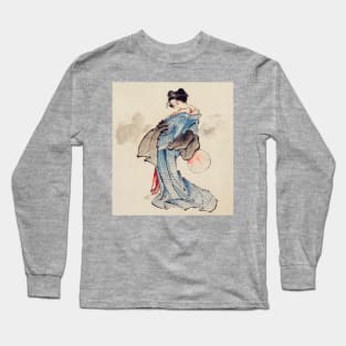 Woman, Full-Length Portrait, Standing, Facing Left, Holding Fan in Right Hand, Wearing Kimono with Check Design by Katsushika Hokusai (1760-1849) Long Sleeve T-Shirt